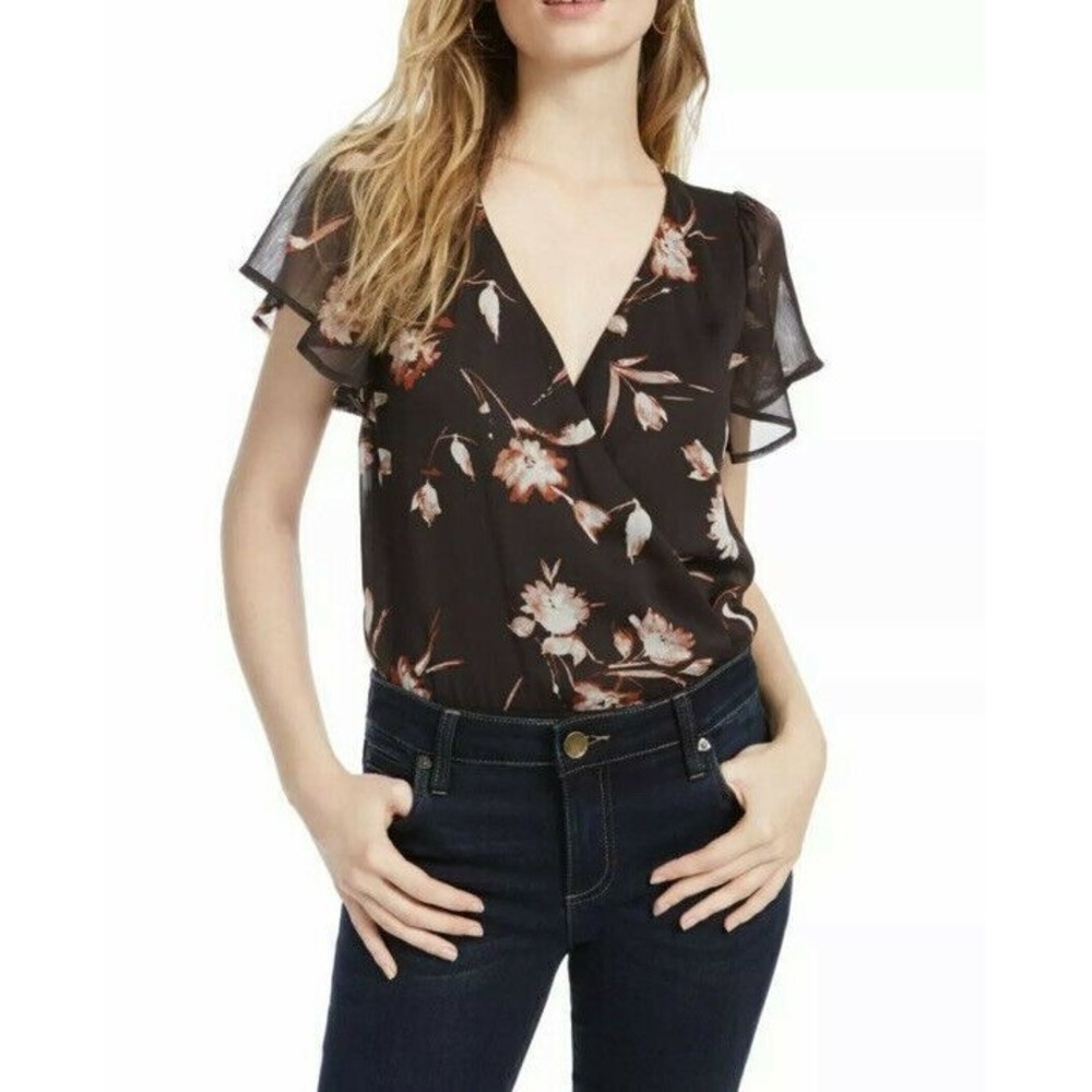 Ash & Violet Womens Blouse Black Size XL Floral-Print Body Suits